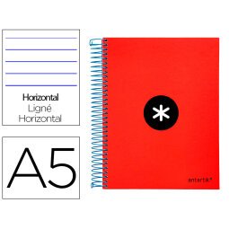 Cuaderno espiral a5 micro antartik tapa forrada 120h 90 gr horizontal 5 bandas 6 taladros color rojo