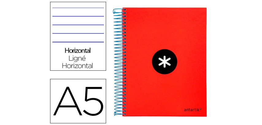 Cuaderno espiral a5 micro antartik tapa forrada 120h 90 gr horizontal 5 bandas 6 taladros color rojo