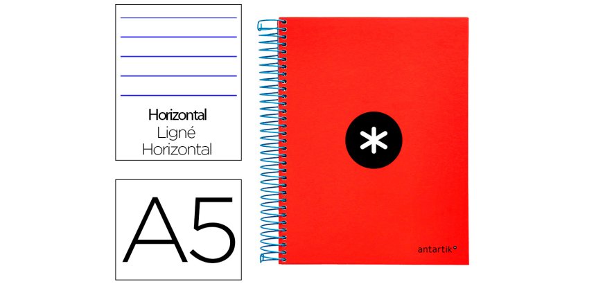 Cuaderno espiral a5 micro antartik tapa forrada 120h 90 gr horizontal 5 bandas 6 taladros color rojo