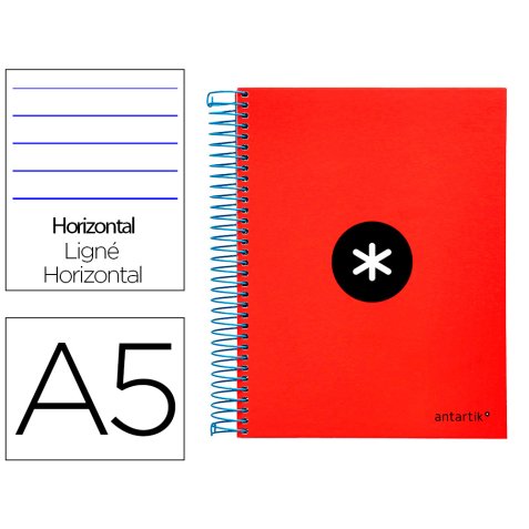 Cuaderno espiral a5 micro antartik tapa forrada 120h 90 gr horizontal 5 bandas 6 taladros color rojo