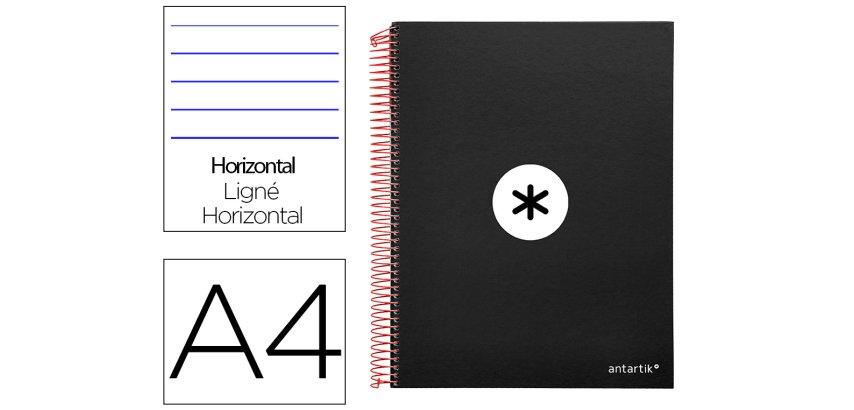 Cuaderno espiral a4 micro antartik tapa forrada 120h 90 gr horizontal 5 bandas 4 taladros color negro