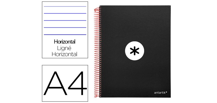Cuaderno espiral a4 micro antartik tapa forrada 120h 90 gr horizontal 5 bandas 4 taladros color negro