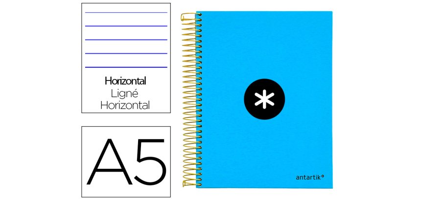 Cuaderno espiral a5 micro antartik tapa forrada 120h 100 gr horizontal 5 bandas 6 taladros color azul