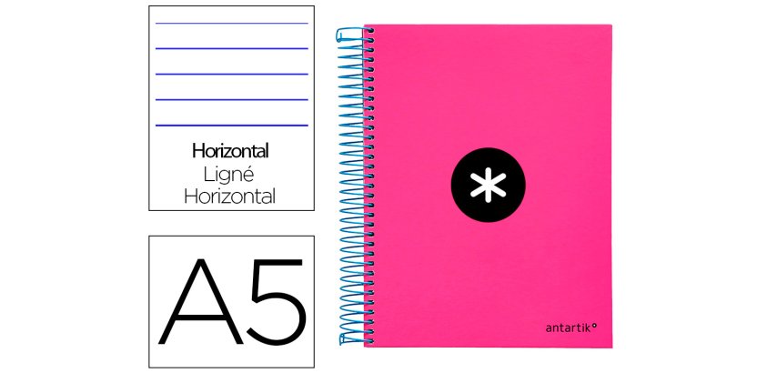 Cuaderno espiral a5 micro antartik tapa forrada 120h 100 gr horizontal 5 bandas 6 taladros color rosa
