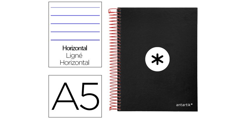 Cuaderno espiral a5 micro antartik tapa forrada 120h 90 gr horizontal 5 bandas 6 taladros color negro