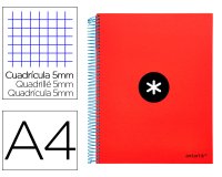 Cuaderno espiral a4 micro antartik tapa forrada 120h 90 gr cuadro 5mm 5 bandas 4 taladros color rojo