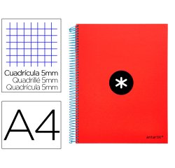 Cuaderno espiral a4 micro antartik tapa forrada 120h 90 gr cuadro 5mm 5 bandas 4 taladros color rojo