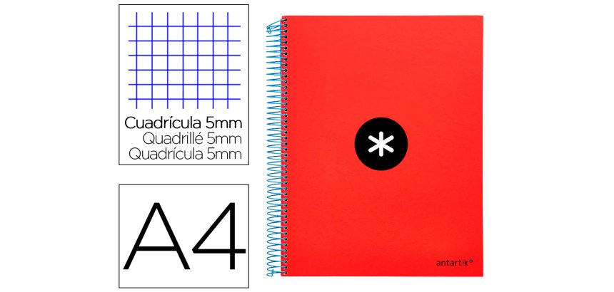 Cuaderno espiral a4 micro antartik tapa forrada 120h 90 gr cuadro 5mm 5 bandas 4 taladros color rojo