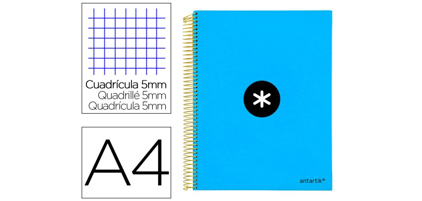 Cuaderno espiral a4 micro antartik tapa forrada 120h 90 gr cuadro 5mm 5 bandas 4 taladros color azul