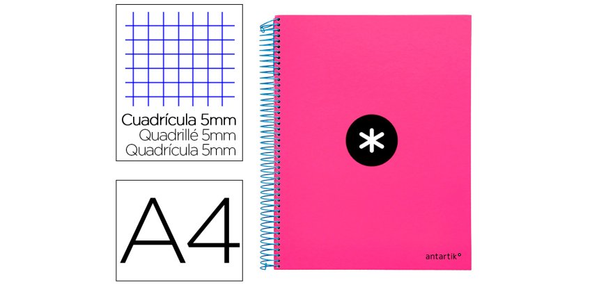 Cuaderno espiral a4 micro antartik tapa forrada 120h 90 gr cuadro 5mm 5 bandas 4 taladros color rosa
