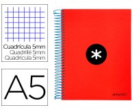 Cuaderno espiral a5 micro antartik tapa forrada120h 90 gr cuadro 5mm 5 bandas6 taladros color rojo