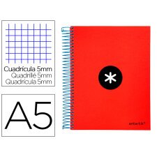 Cuaderno espiral a5 micro antartik tapa forrada120h 90 gr cuadro 5mm 5 bandas6 taladros color rojo