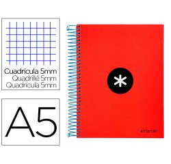 Cuaderno espiral a5 micro antartik tapa forrada120h 90 gr cuadro 5mm 5 bandas6 taladros color rojo