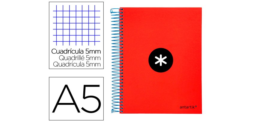 Cuaderno espiral a5 micro antartik tapa forrada120h 90 gr cuadro 5mm 5 bandas6 taladros color rojo