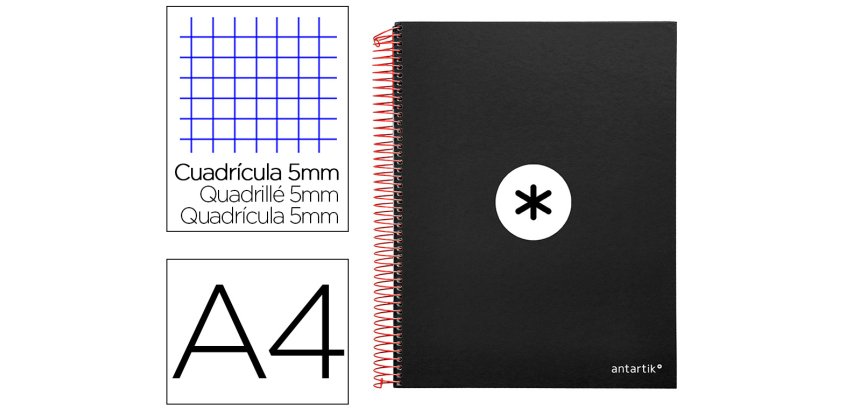 Cuaderno espiral a4 micro antartik tapa forrada 120h 90 gr cuadro 5mm 5 bandas 4 taladros color negro
