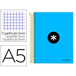 Cuaderno espiral a5 micro antartik tapa forrada120h 90 gr cuadro 5mm 5 bandas6 taladros color azul