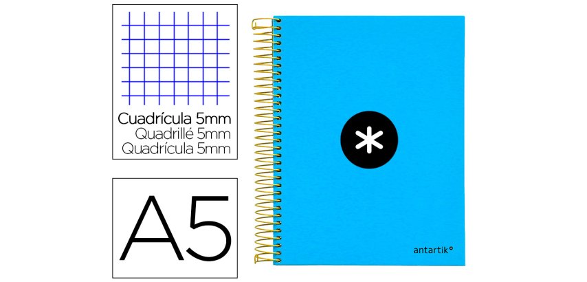 Cuaderno espiral a5 micro antartik tapa forrada120h 90 gr cuadro 5mm 5 bandas6 taladros color azul
