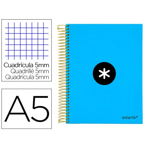 Cuaderno espiral a5 micro antartik tapa forrada120h 90 gr cuadro 5mm 5 bandas6 taladros color azul