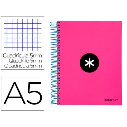 Cuaderno espiral a5 micro antartik tapa forrada 120h 90 gr cuadro 5mm 5 banda s 6 taladros color rosa