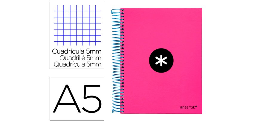 Cuaderno espiral a5 micro antartik tapa forrada 120h 90 gr cuadro 5mm 5 banda s 6 taladros color rosa