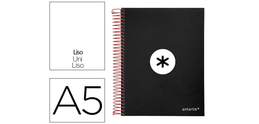 Cuaderno espiral a5 micro antartik tapa forrada 120h 90g liso con bandas 6 taladros color negro
