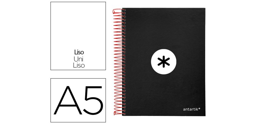 Cuaderno espiral a5 micro antartik tapa forrada 120h 90g liso con bandas 6 taladros color negro
