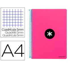 Cuaderno espiral antartik a4 micro tapa dura 80h 100 gr cuadro 5mm sin bandas 4 taladros color rosa fluor