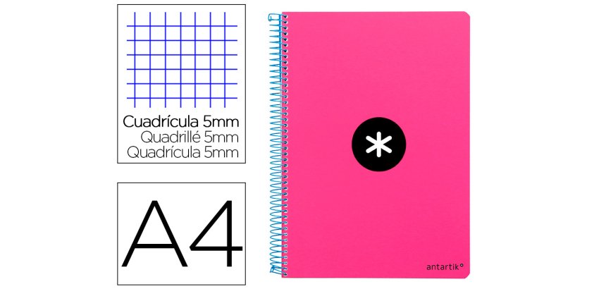 Cuaderno espiral antartik a4 micro tapa dura 80h 100 gr cuadro 5mm sin bandas 4 taladros color rosa fluor
