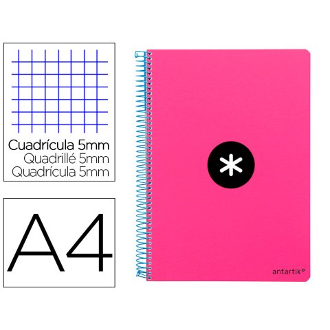 Cuaderno espiral antartik a4 micro tapa dura 80h 100 gr cuadro 5mm sin bandas 4 taladros color rosa fluor