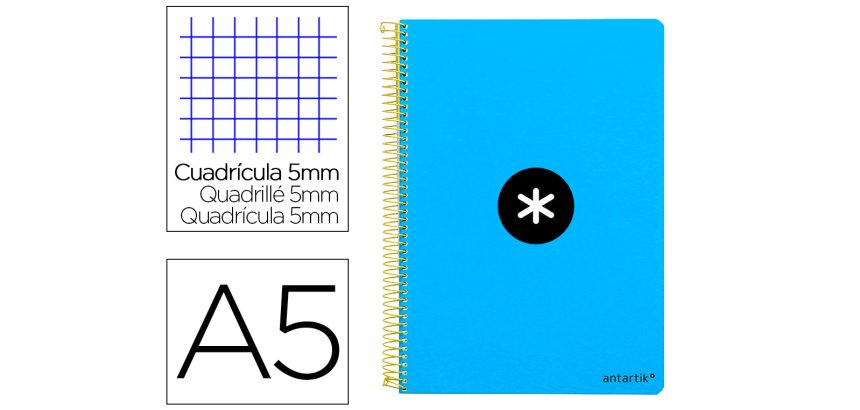 Cuaderno espiral liderpapel a5 antartik tapa dura 80h 100 gr cuadro 5mm con margen color azul