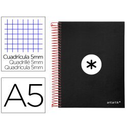 Cuaderno espiral a5 micro antartik tapa forrada120h 90 gr cuadro 5mm 5 bandas6 taladros color negro