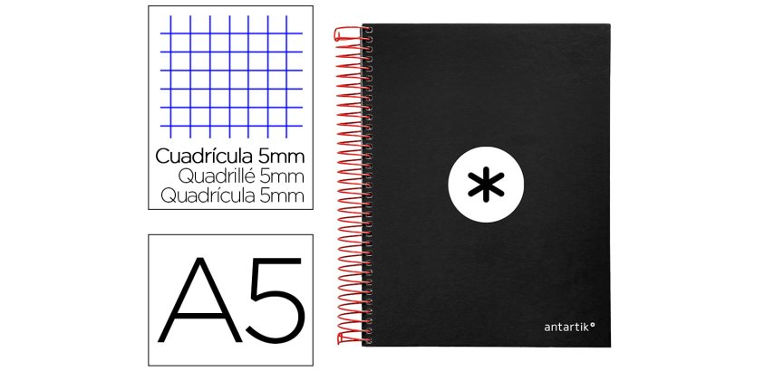 Cuaderno espiral a5 micro antartik tapa forrada120h 90 gr cuadro 5mm 5 bandas6 taladros color negro
