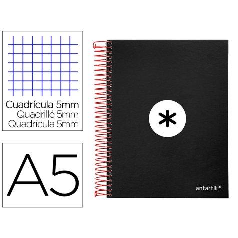 Cuaderno espiral a5 micro antartik tapa forrada120h 90 gr cuadro 5mm 5 bandas6 taladros color negro