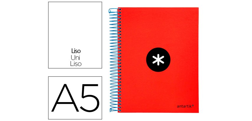 Cuaderno espiral a5 micro antartik tapa forrada 120h 90g liso con bandas 6 taladros color rojo