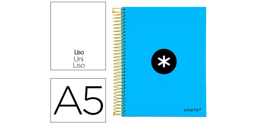 Cuaderno espiral a5 micro antartik tapa forrada 120h 90g liso con bandas 6 taladros color azul