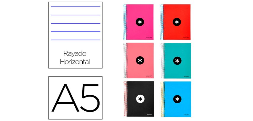 Cuaderno espiral a5 micro antartik tapa forrada 120 h 100g horizontal 5 bandas6 taladros colores surtidos