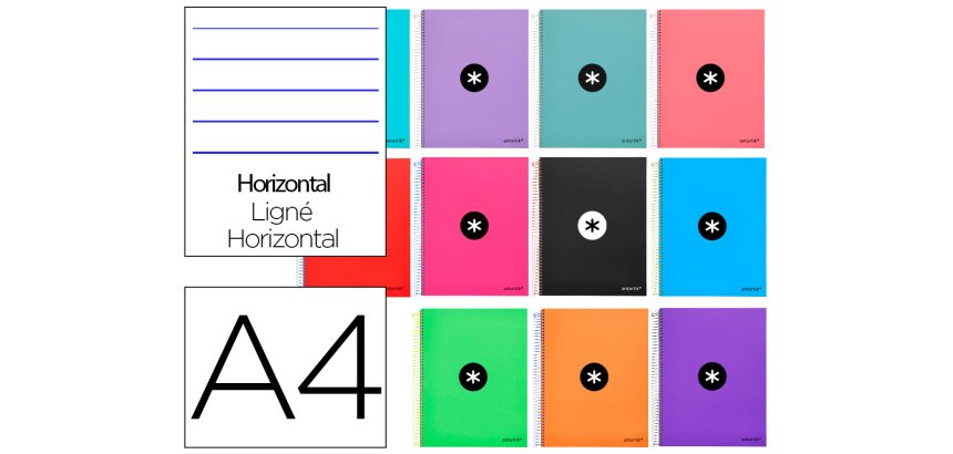 Cuaderno espiral a4 micro antartik tapa forrada 120h 90 gr horizontal 5 bandas 4 taladros colores surtidos
