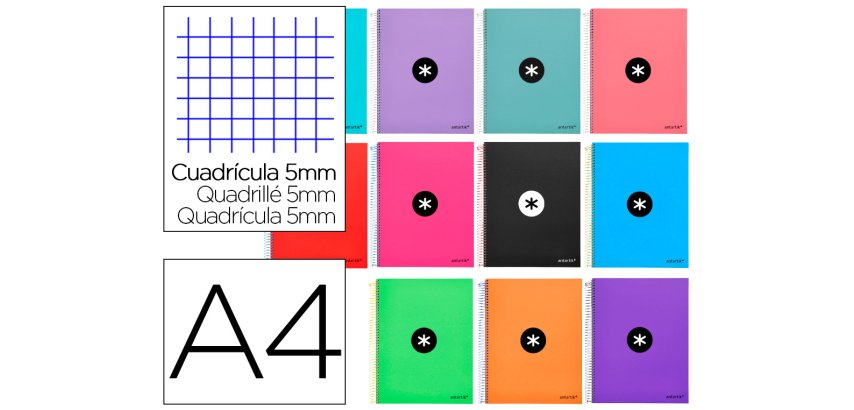 Cuaderno espiral a4 micro antartik tapa forrada 120h 90 gr cuadro 5mm 5 bandas 4 taladros colores surtidos