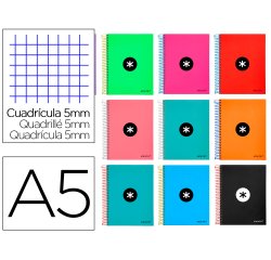 Cuaderno espiral a5 micro antartik tapa forrada120h 90gr cuadro 5mm 5 bandas 6 taladros colores surtidos