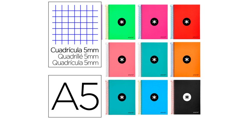 Cuaderno espiral a5 micro antartik tapa forrada120h 90gr cuadro 5mm 5 bandas 6 taladros colores surtidos