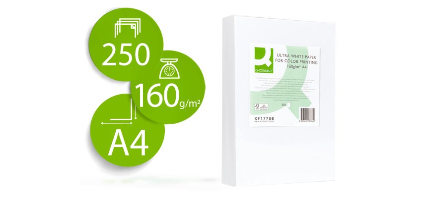 Papel fotocopiadora q-connect ultra white din a4 160 gramos paquete de 250 hojas
