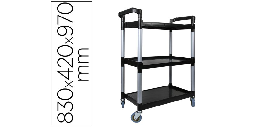 Carro de servicio multifuncional q-connect 3 estantes de polipropileno 830x420x970 mm