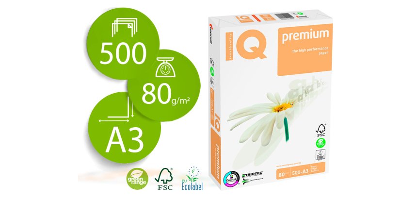 Papel fotocopiadora iq premium din a3 80 gramos paquete de 500 hojas