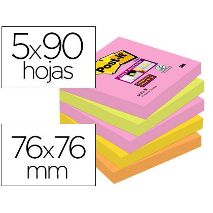 Bloc de notas adhesivas quita y pon post-it super sticky 76x76 mm con 90 hojas pack de 5 bloc colores surtidos