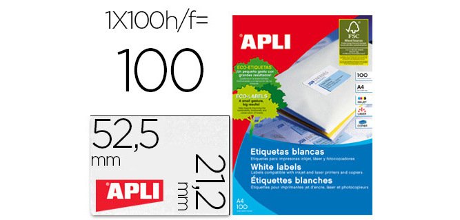 Etiqueta adhesiva apli 1284 tamaño 52,5 x 21,2 mm para fotocopiadora laser ink-jet caja con 100 hojas din a4