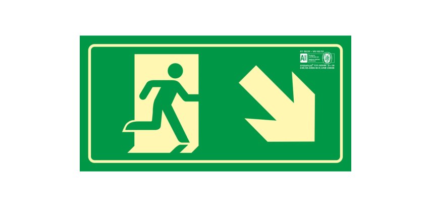 Pictograma syssa señal de salida emergencia derecha bajando en pvc fotoluminiscente 320x160 mm