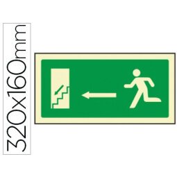 Pictograma syssa señal de salida emergencia izquierda escalera bajando en pvc fotoluminiscente 320x160 mm