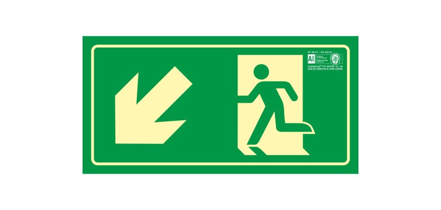 Pictograma syssa señal de salida emergencia izquierda escalera bajando en pvc fotoluminiscente 320x160 mm