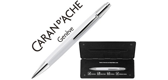 Boligrafo caran d'ache alchemix cuerpo laca blanca adornos cromados brillante con estuche punta media