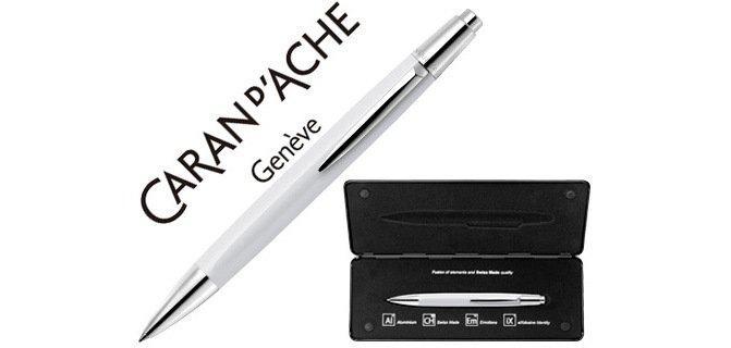 Boligrafo caran d'ache alchemix cuerpo laca blanca adornos cromados brillante con estuche punta media